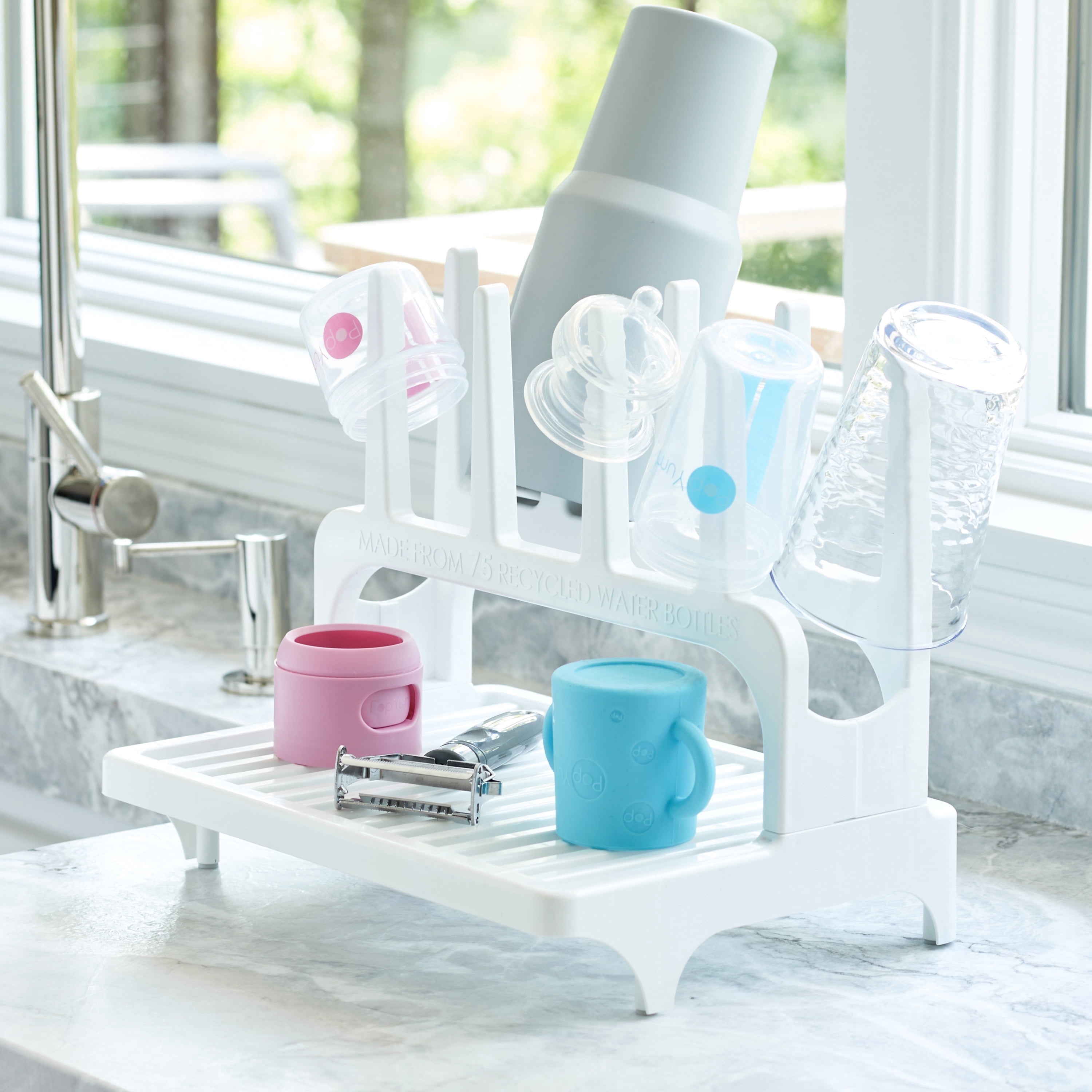 PopYum Glacier White Space Saving Drying Rack from 100% Recycled Bottles, countertop for baby bottles, plastic bags, cups, glass, tumblers, compact
