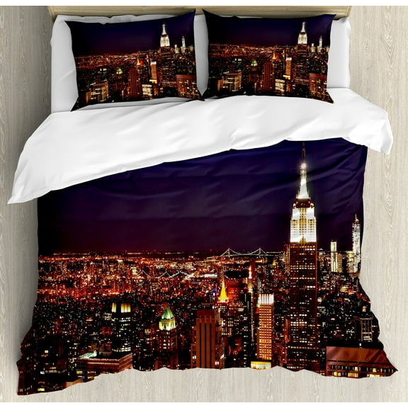 New York Duvet Cover Set, New York at Night Empire Building at Northeastern Most Crowded Town USA Photo, Decorative 3 Piece Bedding Set with 2 Pillow Shams, Calking Size, Orange Blue, by Ambesonne