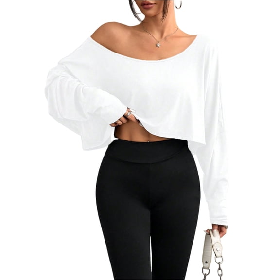 Womens Off Shoulder Long Sleeve Crop Tops Sexy Boat Neck Loose Casual T Shirt White 2XL