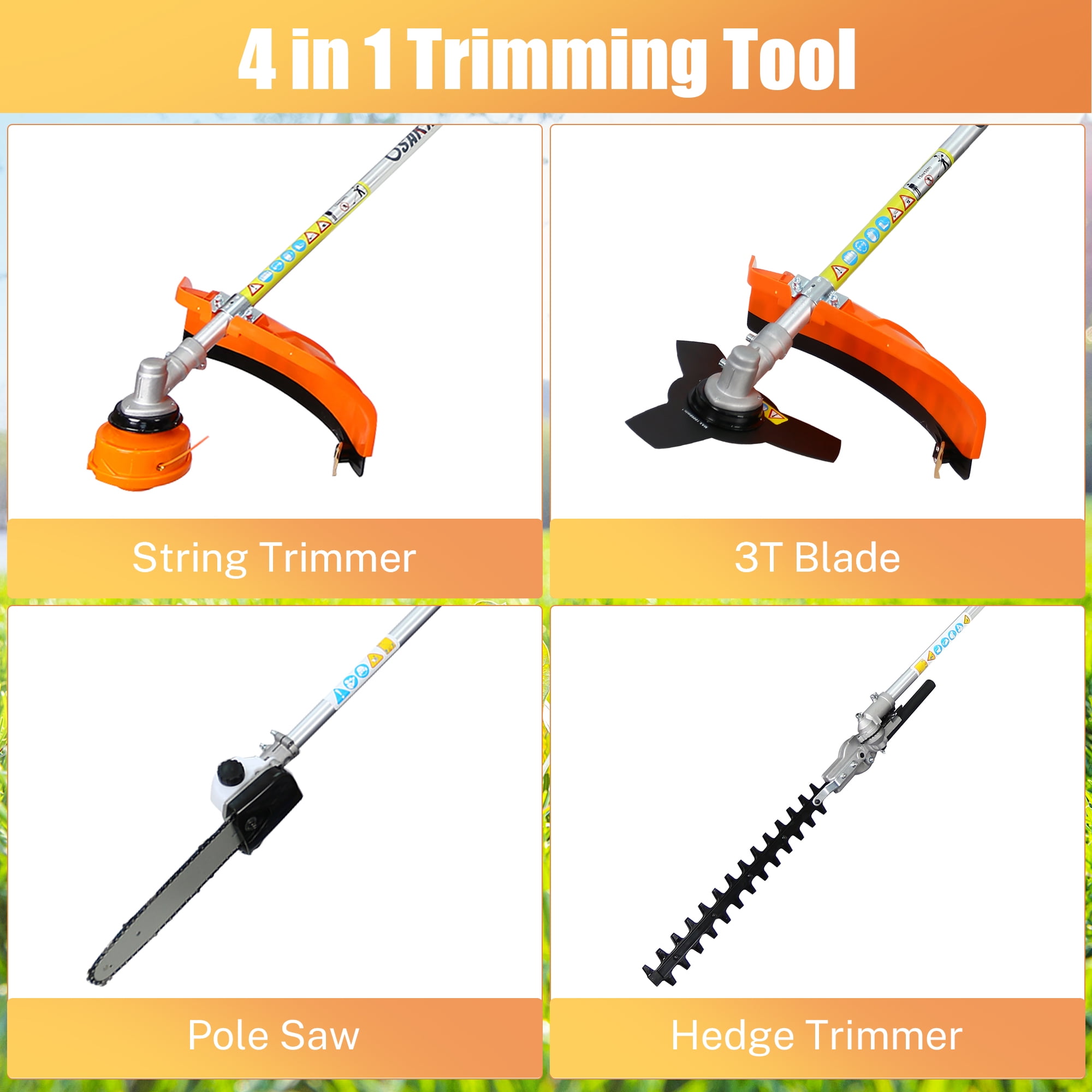 33CC Gas Grass Trimmer 2-Cycle, Sesslife 4 in 1 Trimming Tool Kit with Gas Pole Saw, Hedge Trimmer, Grass Trimmer, Brush Cutter, Full Crankshaft Weed Eater Lawn Mower for Garden Lawn Yard, Orange