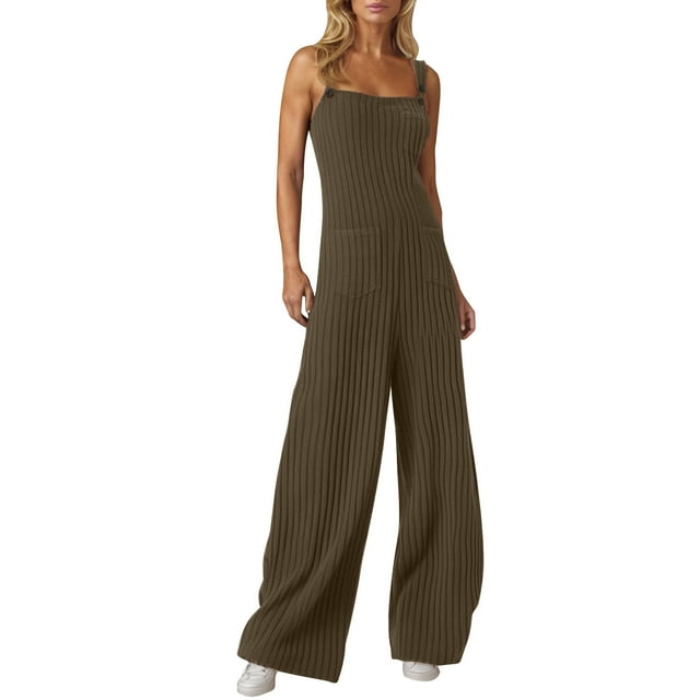 Women Spring Knit Jumpsuits Casual Stretch Tank Tops Jumpsuits with Pocket Wide Leg Long Pants Rompers Loungewear, Brown, S