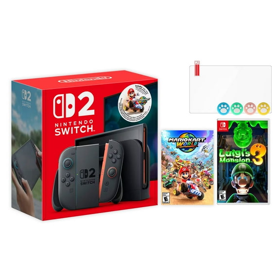 Nintendo Switch 2 Mario Kart World Bundle 256GB 7.9-Inch 1080P Screen, Joy-Con 2 with Mouse Sensor, Dock, with Luigi's Mansion 3 And Mytrix Joystick Caps & Screen Protector