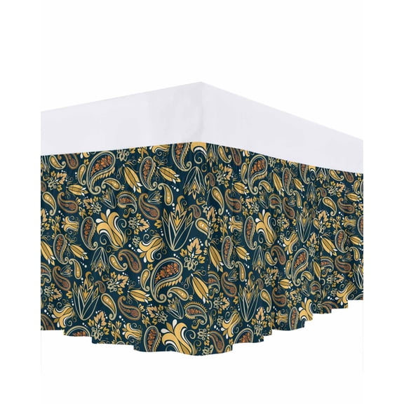 Paisley Bed Skirt King Size 16 Inch Drop, Yellow Flowers Adjustable Elastic Dust Ruffles Bedskirt for King Bed Wrap Around Pleated Mattress Frame Cover
