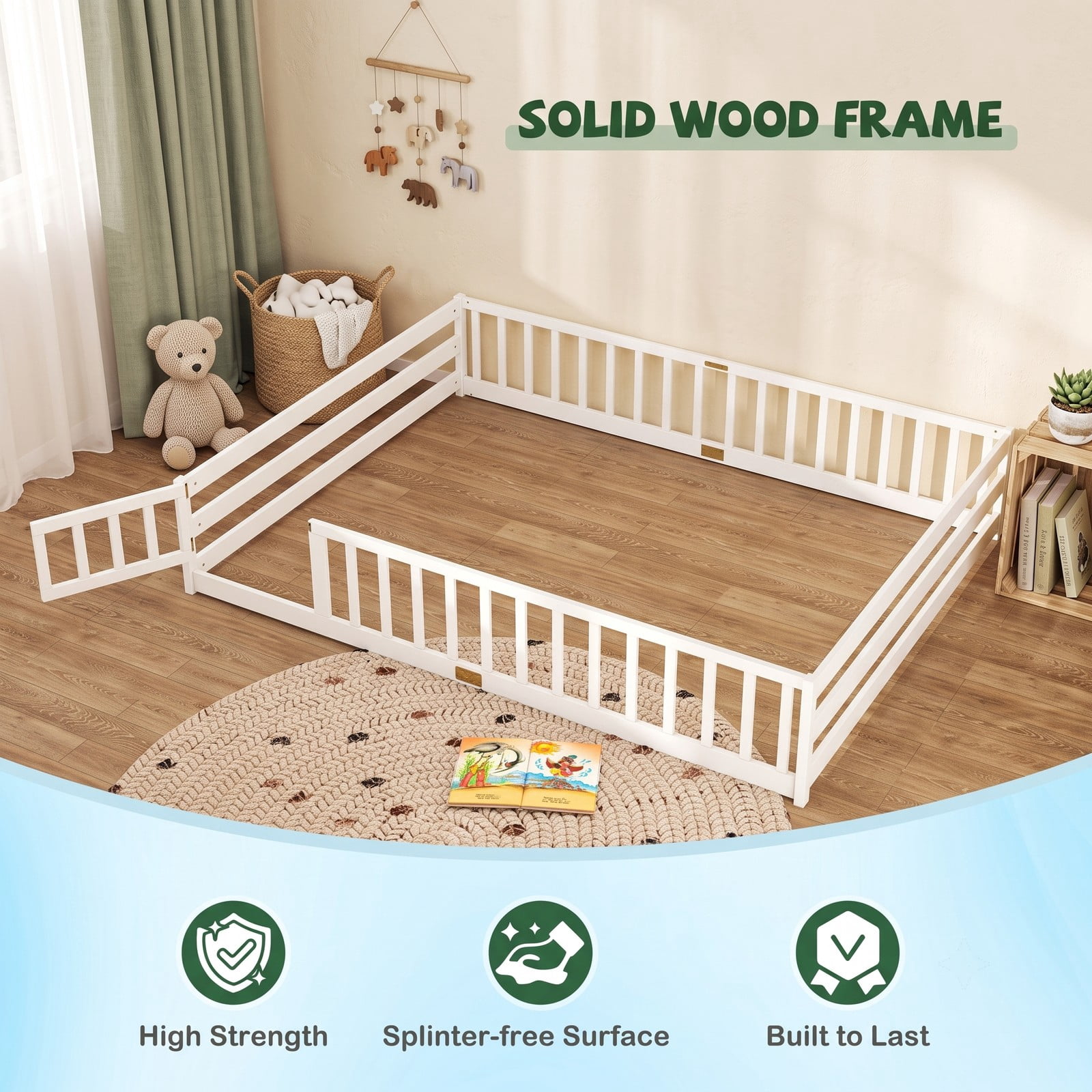 Furnibear Queen Size Bed Frame Montessori Floor Bed for Kids, House Bed with Full Length Guardrails and Lockable Gate, Wood Queen Bed Frame, White