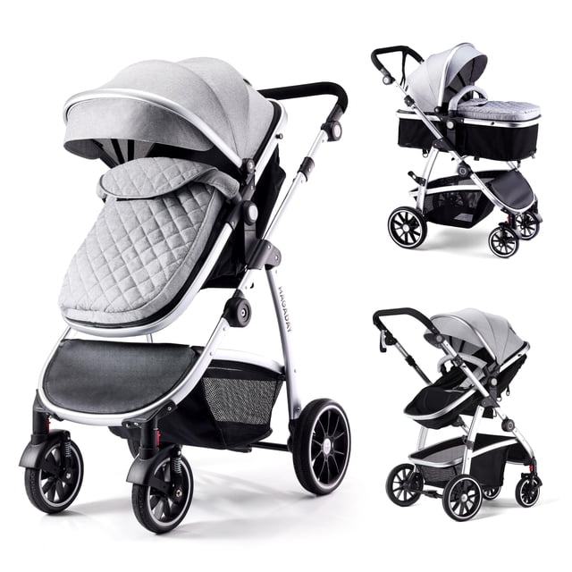 Hagaday Baby Stroller, 2-in-1 Reversible Stroller with Bassinet Mode, Foldable Infant Stroller with Canopy, One Button Brake, Adjustable Handle, Newborn Stroller (Gray)