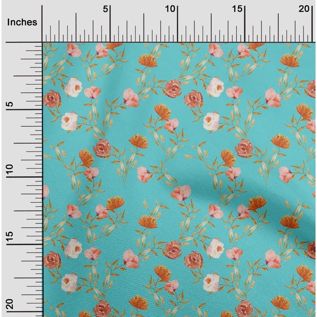 oneOone Popeline de Coton Bleu Turquoise Tissu Fleur et Feuilles Aquarelle Matériel de Couture Tissu Imprimé au Mètre 56 Pouces de Large