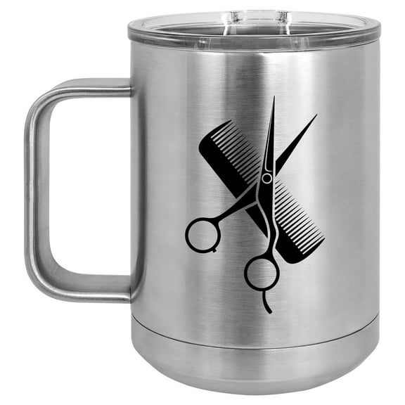 15 oz Tumbler Coffee Mug Travel Cup With Handle & Lid Vacuum Insulated Stainless Steel Hair Cutting Dresser Stylist Scissors Comb (Silver)