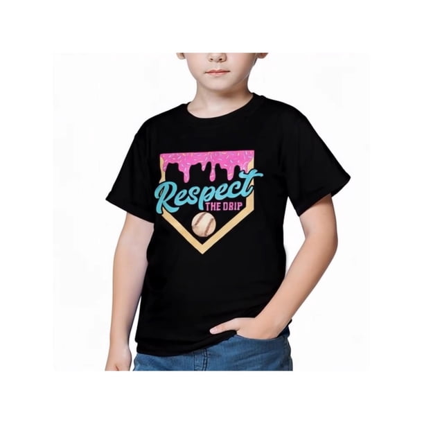 Respect The Drip Baseball Graphic T-Shirt for Boys – Black Cotton Crew Neck Tee with & White Drip Icing Design, Casual Streetwear Summer Top, Perfect Gift for