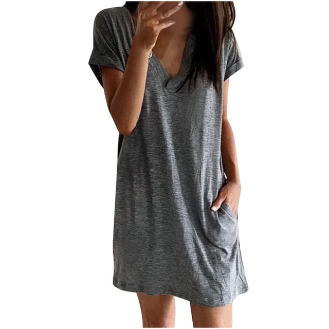 Bowake Robes Décontractées pour Femmes Col en V Simple Ample Été Manches Courtes T-Shirts Robe Courte de Détente avec Poches