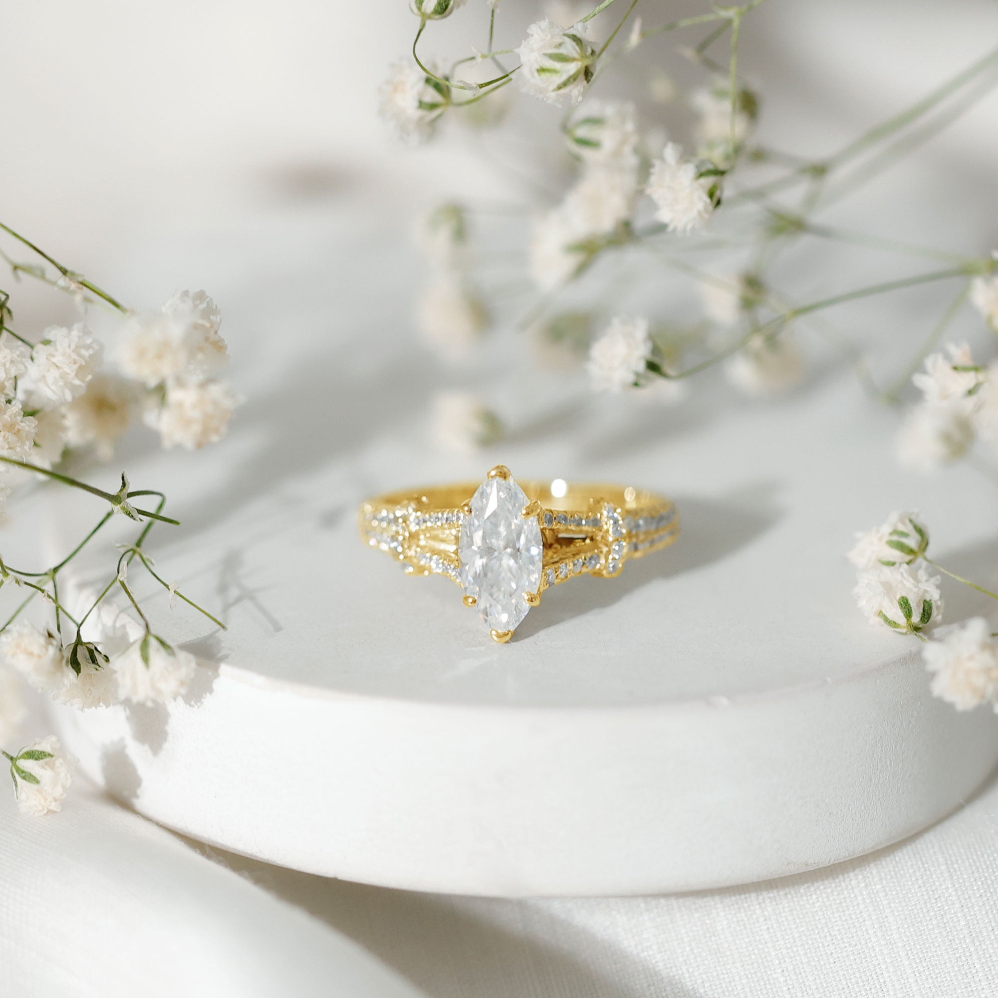 Rosec Jewels Silver Marquise Engagement Ring - 1 Ct Moissanite Ring - D-VS1 Quality Certified with 925 Sterling Hallmark, US 5.50