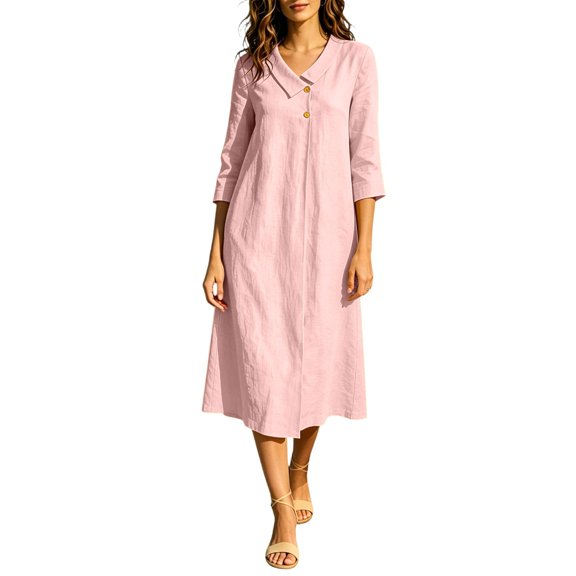 SETOOFF Cotton Linen Midi Shirt Dress Notched V Neck 3/4 Sleeve Button Decor Loose AโLine Tunic Dress Casual Beach Vacation Daily Dress