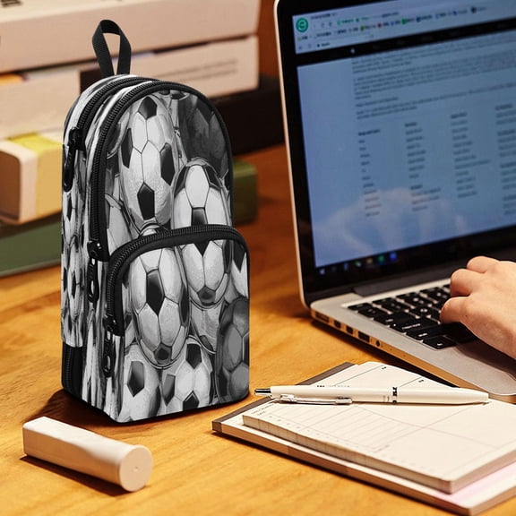Backpack Pencil Case, 3 Compartment Large Capacity Oxford Fabric Pencil Pouch / Vintage Soccer Ball Collage