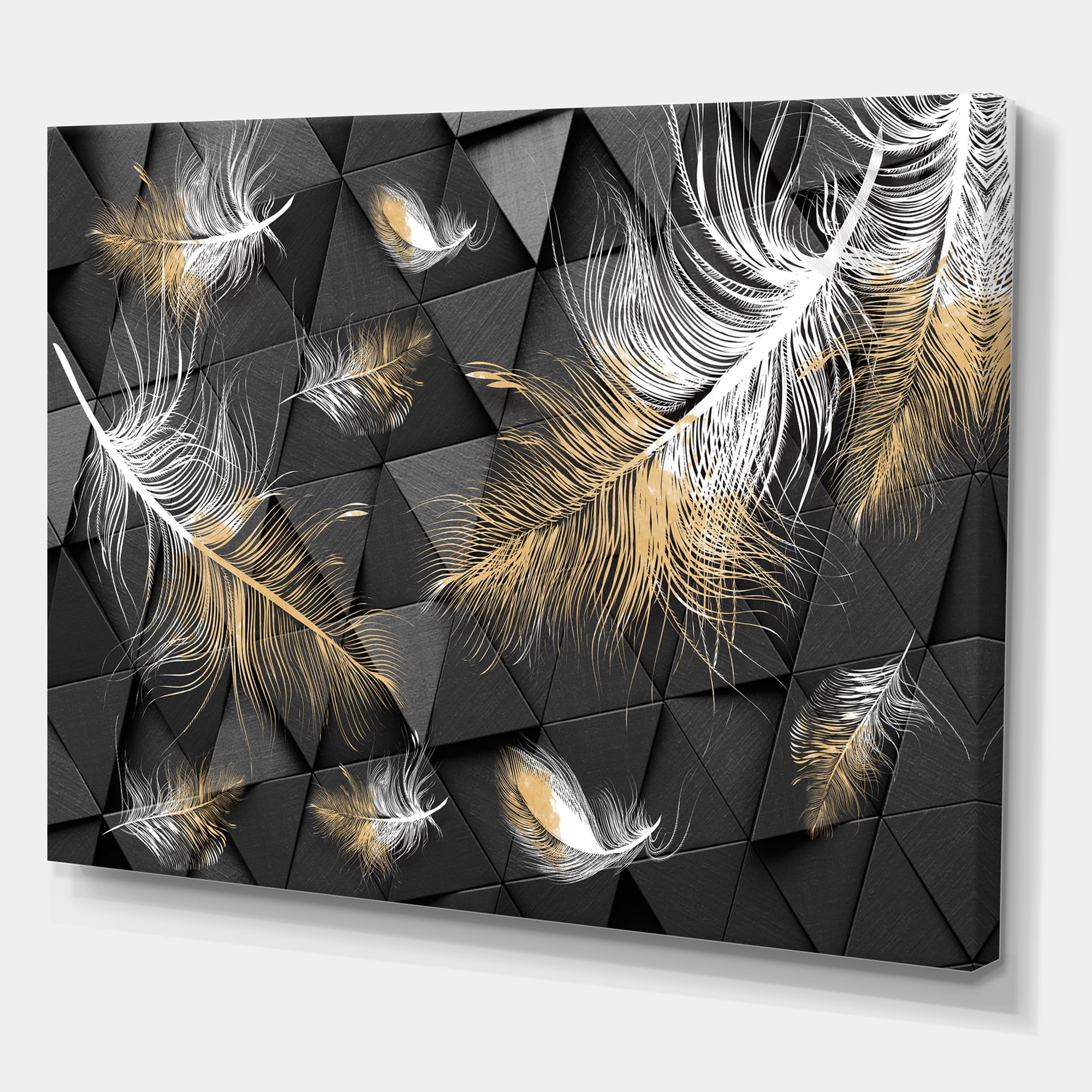 Gold and White Feathers On Triangular 8 in x 12 in Painting Canvas Art Print, by Designart