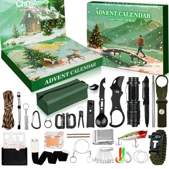 Survival Kit Advent Calendar 2025 - 24 Days Christmas Countdown Calendar Emergency Survival Gears Gift for Teen Adult, 2025 Xmas Cool Gadgets for Outdoor Camping Fishing Hunting Adventure