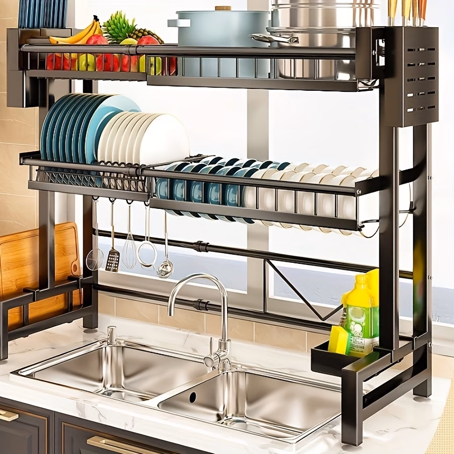 Adjustable Expandable Metal Sink Storage Rack - Space-Saving Countertop Organizer for Cutlery, Cups & Cooking Tools, Black