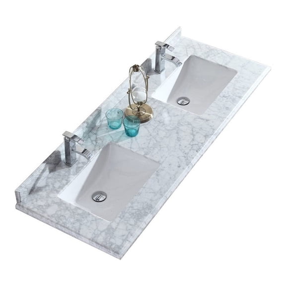 Forever 60" Single Hole White Carrara Marble Countertop with Double Rectangular Ceramic Sinks