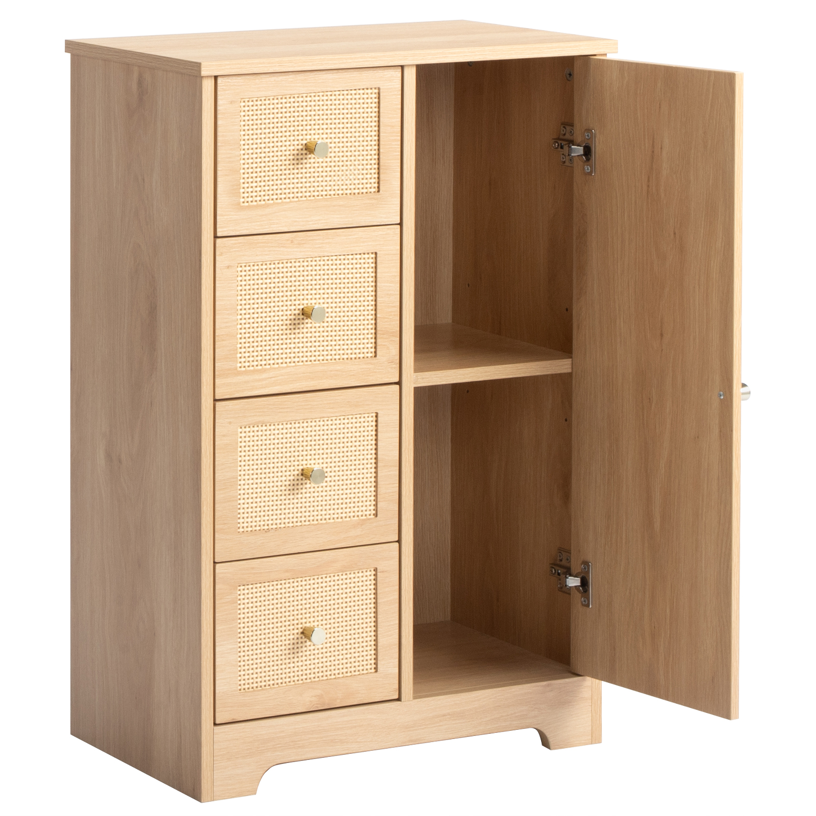 Ktaxon Wooden Bathroom Floor Cabinet, Side Storage Organizer with 4 Drawers, 1 Cupboard & 2-Shelves, Rattan