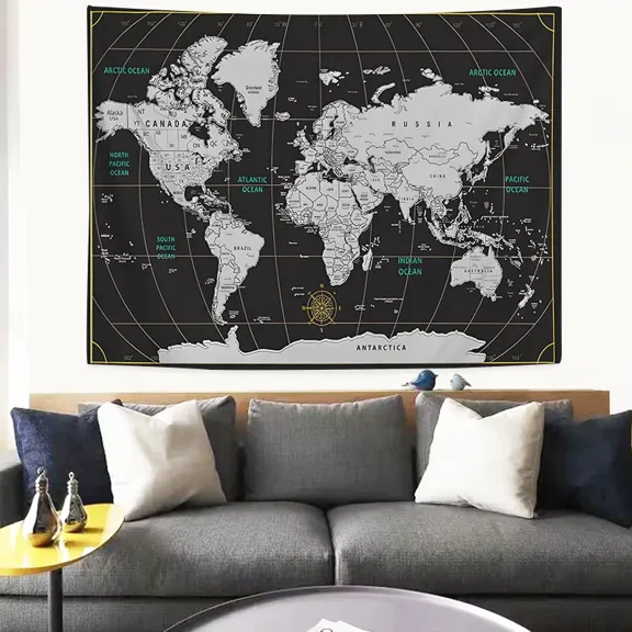 Modern Black World Map Tapestry with Ocean Labels 37×29 Inch Educational Wall Hanging for Home Office, Students Living Room