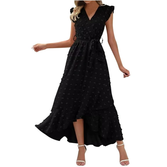 Efsteb Dresses for Women 2025 V-Neck Waistband Bandage Pompoms Tank Dress Classic Solid Color Sleeveless Fashion Casual Loose Sundresses Comfy Sundresses for Women (Black,M)