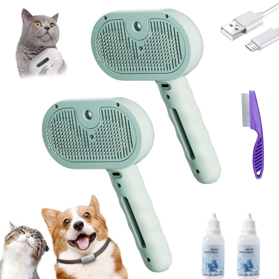Pet Spray Hair Removal Comb, Pet Grooming Brush with Spray for Cats, Multi-function Pet Spray Massage Comb, Spray Cat Brush for Shedding, Pet Steam Brush for Dogs Cats (2Pcs Green)