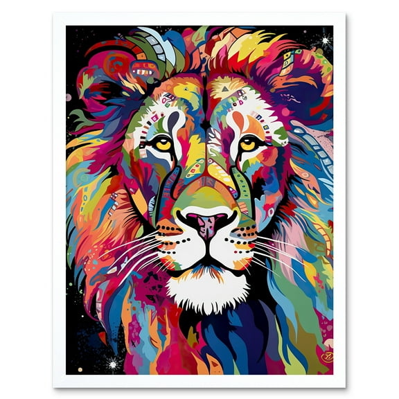 Magnificent Lion Head Psychedelic Folk Portrait Colourful Vibrant Bold Jungle Art Print Framed Poster Wall Decor 12x16 inch