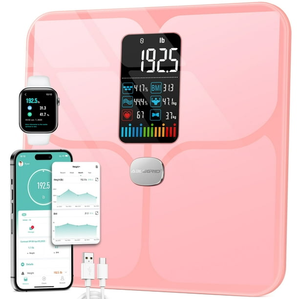 ABLEGRID Báscula Digital de Baño Inteligente y Precisa con Aplicación Bluetooth, Recargable, Rosa, Capacidad Para 400lb