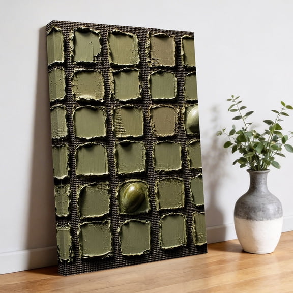 Impasto Grid Canvas Wall Art, Modern Abstract Olive Green Square Paint Swatches Pictures Wall Decor Wooden Framed Artwork Art Prints for Living Room Hallway Bedroom Office 24"x36"