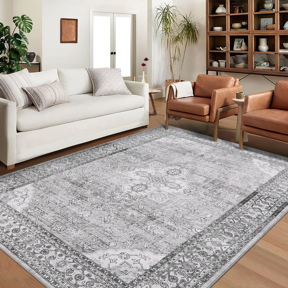 KOKEBREN 8x10 Washable Vintage Rug, Non-Slip Foldable Indoor Carpet with Retro Medallion Design, Ultra-Soft Floor Cover for Living Room, Bedroom, Dorm, Grey