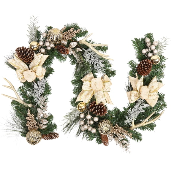 Christmas Garland, 6ft Pre-Lit with Lights, Battery Operated with 20 LED Lights Pine Cones Gold Ball Ornaments Ribbon and Antlers, for Mantle, Staircase, Doorway, Indoor Outdoor Decorations