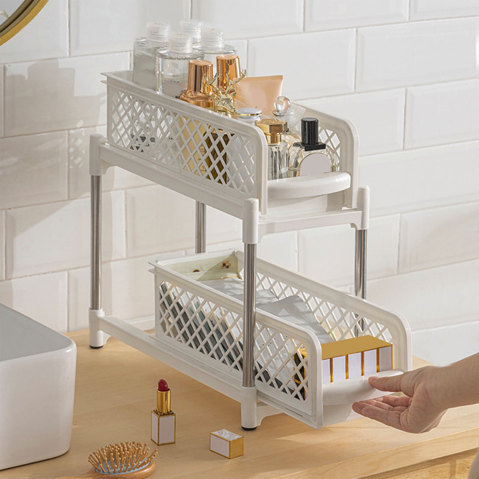 YIMWNYI 2 Tier Sliding Shelves Storage Under Sink Organizer, Bathroom Kitchen Organizers, Pull Out Cabinet Drawer Shelf, Pantry Organizer, Durable Plastic, Easy Assembly, Dual Storage Solution