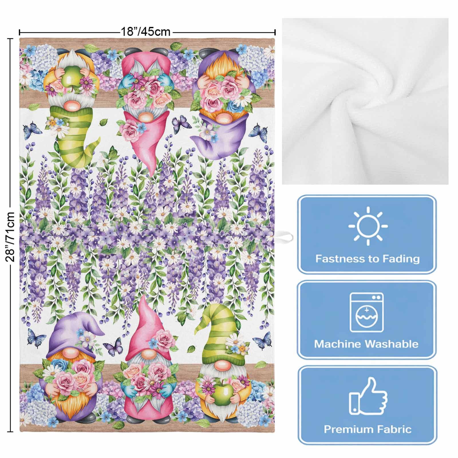 Blue Purple Gnomes Kitchen Towels Set of 3, Water Absorbent Dish Towel, Spring Country Hydrangea Flower Leaf Decorative Hand Towels - Quick Drying Cloth for Cooking Baking, 18x28 Inch