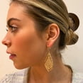 thumbnail image 6 of ALLISON ROSE ATELIER – Boho Dangle Earrings – Worn Gold Plating with Filigree Design Medallion in a Chandelier Shape – Long size 2.99” Length. Lightweight Bohemian Dangle Earrings for Women, 6 of 7