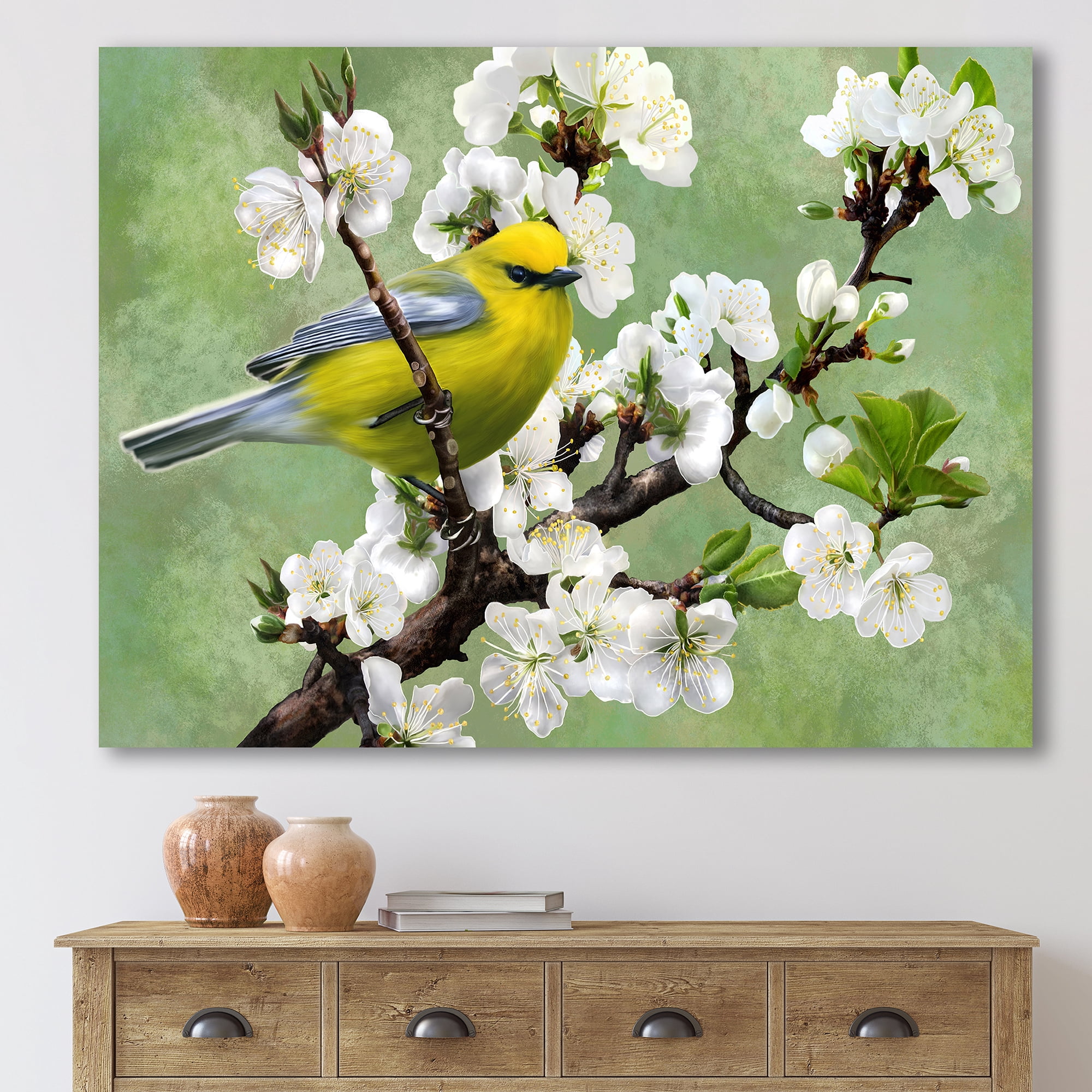 Designart ' Bird Sitting On A Branch of Cherry ' Traditional Canvas Wall Art Print
