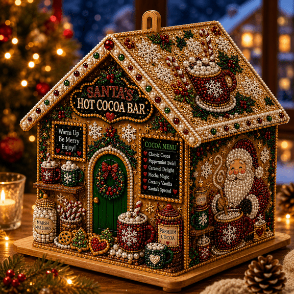 3D Christmas Wooden House Diamond Painting Kit Pearl Bead Art Christmas Village House DIY Christmas Craft Decoration, Beaded Pearl Art Kit for Holiday Home Decor