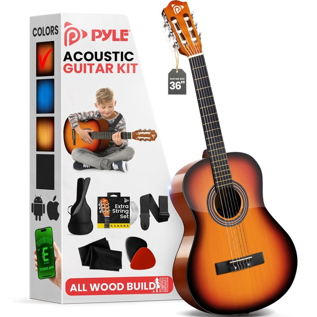 Pyle Kit de guitarra acústica para principiantes, 3/4 tamaño junior, instrumento de madera para niños, adultos, 36 pulgadas Sun Burst