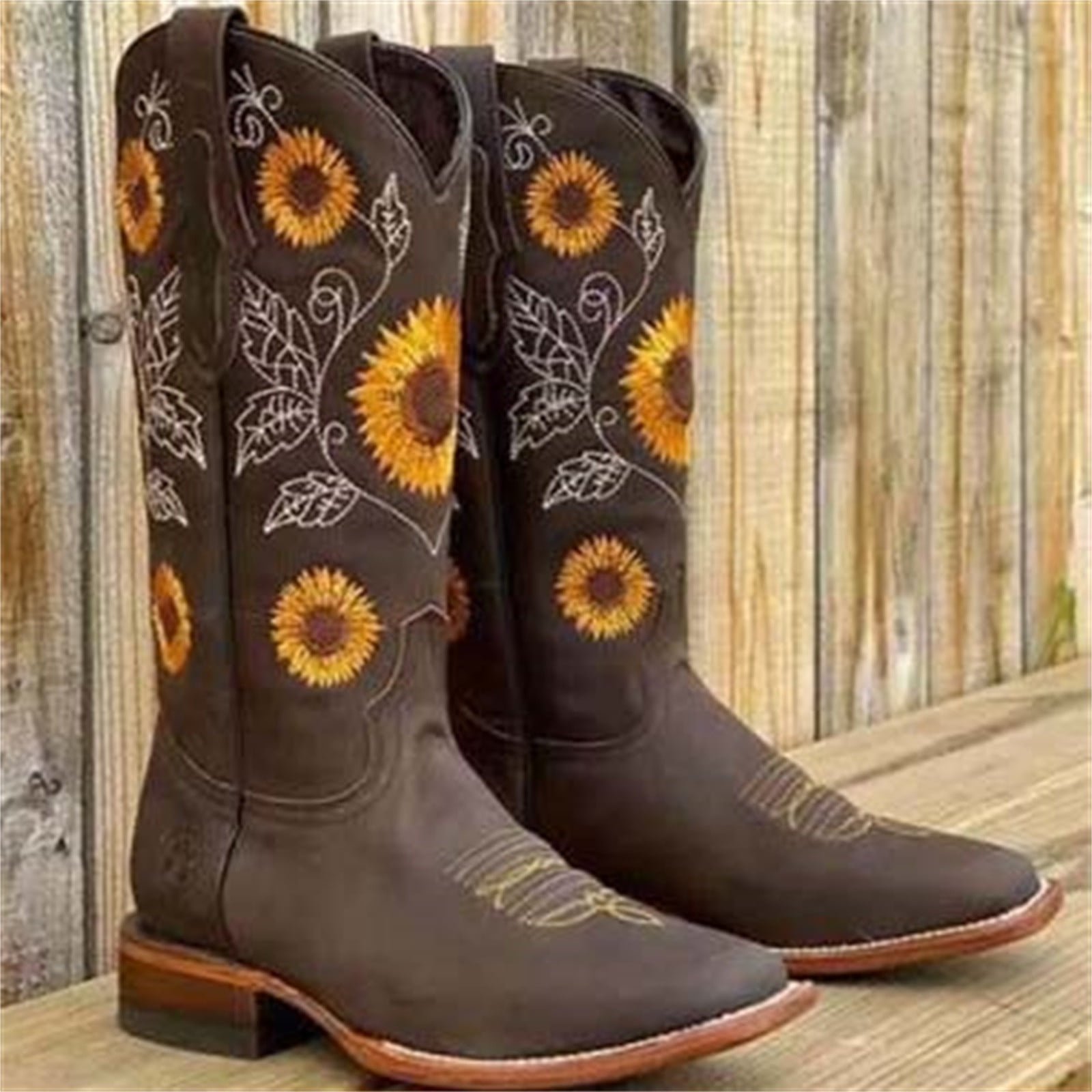 Boots for Women'S Sunflower Printed Western Boots Cowgirl Round Toe Short Boots Embroidered Boots,Retro Middle Boots Ethnic Totem Women decoration for - Walmart.com