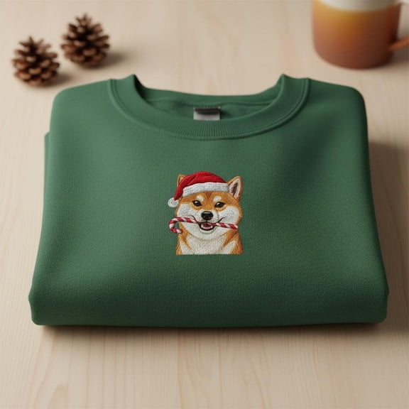 Embroidered Shiba Inu Dog Santa Hat T-shirt, Candy Cane Christmas Sweater, Cute Pet Portrait Hoodie, Holiday Dog Lover Gift, Dog Mom Tee