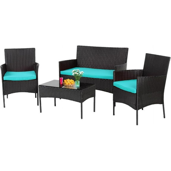 PayLessHere Outdoor Furniture Set 4Pc with 3 Rattan Chairs 1 Tempered Glass Topped Table,Blue