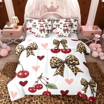 Feelyou Leopard Print Bowknot Comforter Set 7pcs, Cherry Love Heart King Bedding Sets
