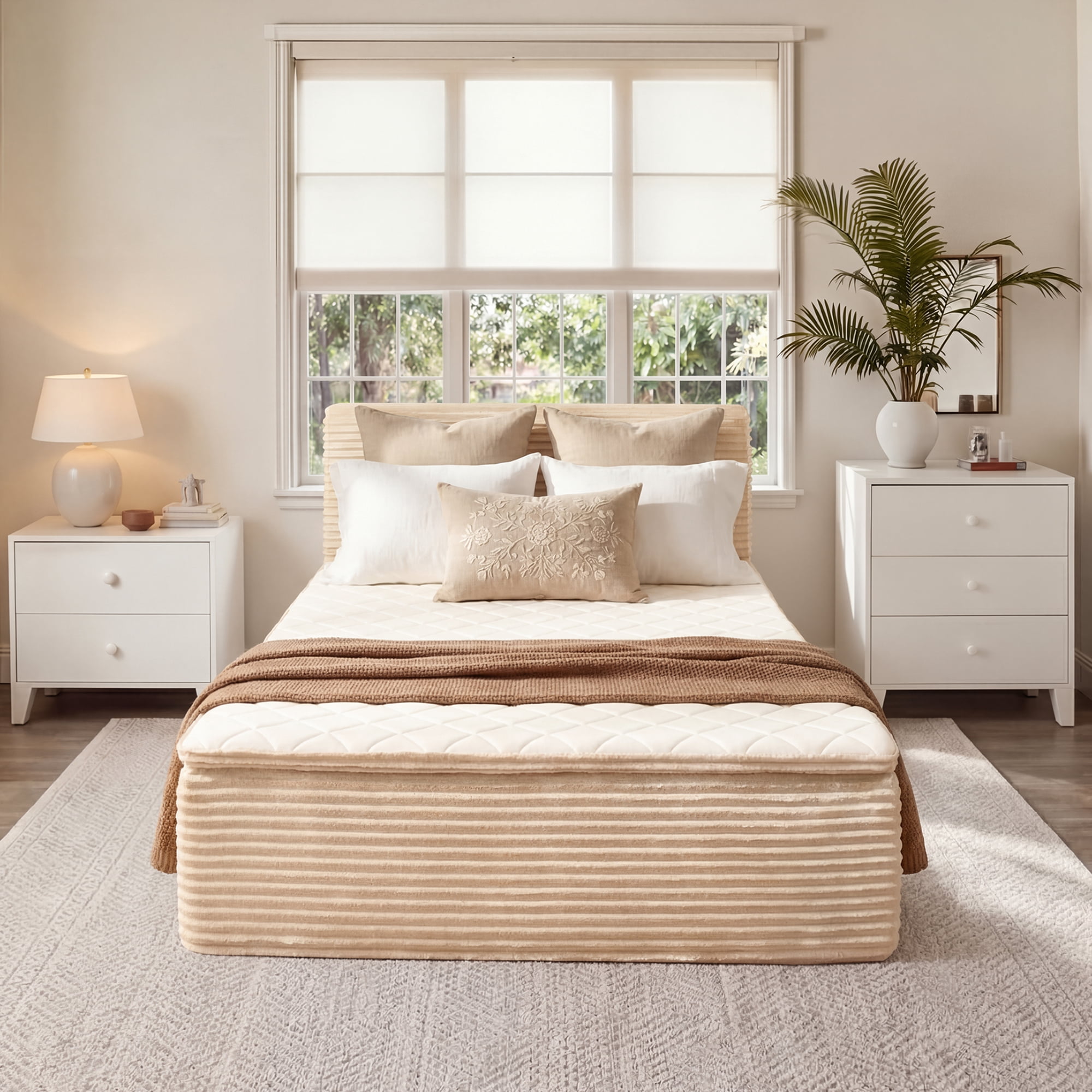 Ovios Full Size All-in-One Floor Bed in a Box, 16.7" Upholstered Compressed Foam Mattress with Headboard, No Assembly Required, Beige
