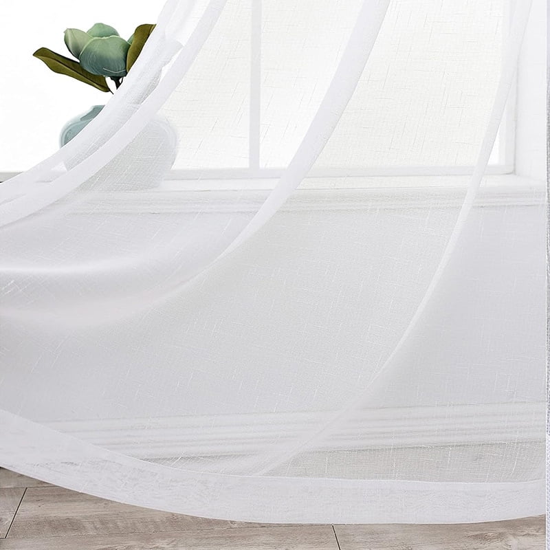 Sheer Curtains Faux Linen Semi Voile Light Filtering Drapes Pair for Bedroom Living Room, Set of 2 Grommet Top Window Curtain Panels (Each 54x108 Inch, White)