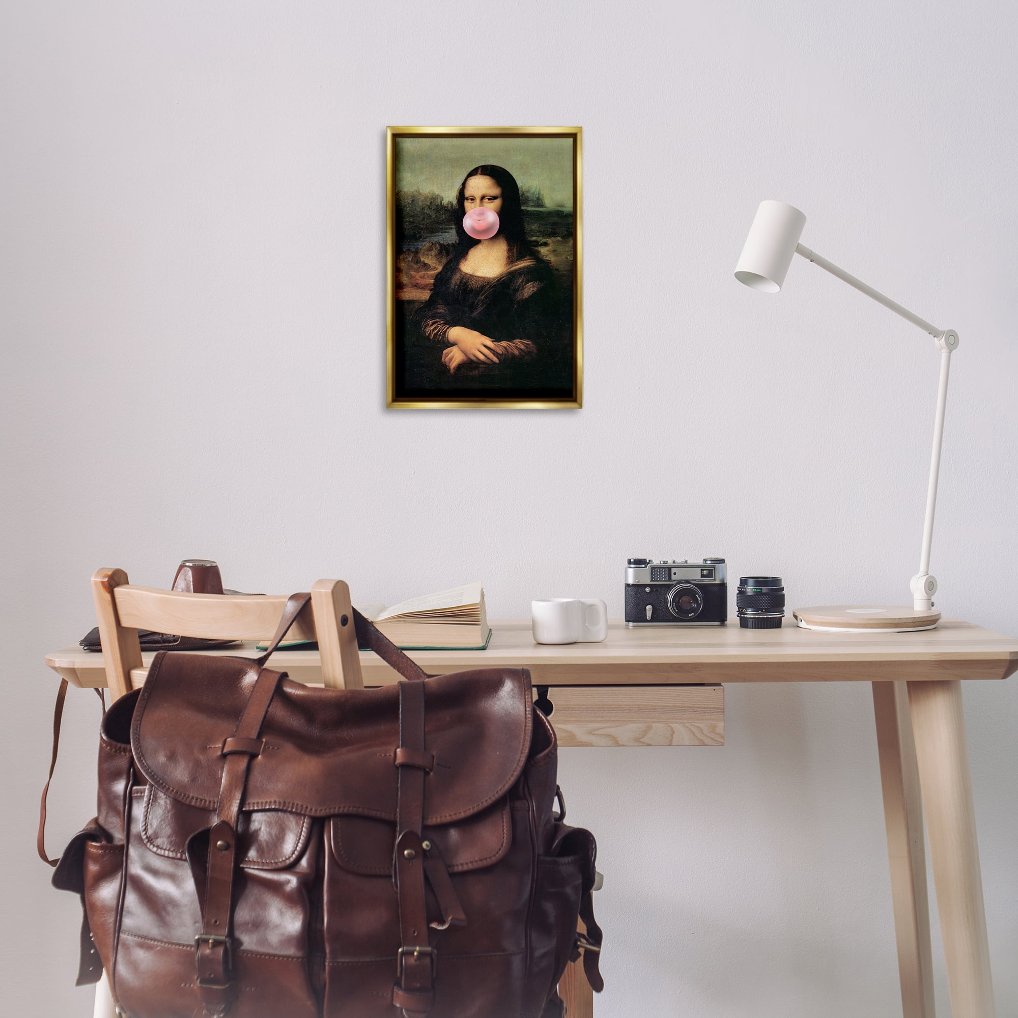 Stupell Industries Mona Lisa & Bubblegum Novelty & Humor Painting Gold Floater Framed Canvas Art Print Wall Art, 17 x 25