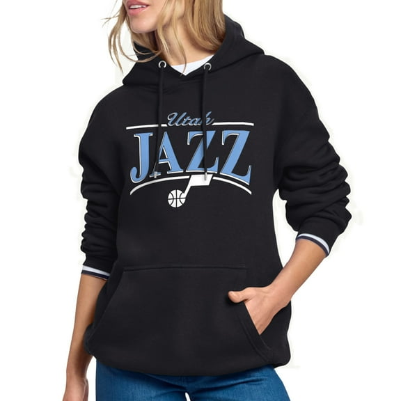 Women's Starter Black Utah Jazz Arch Stripe Fleece Hoodie