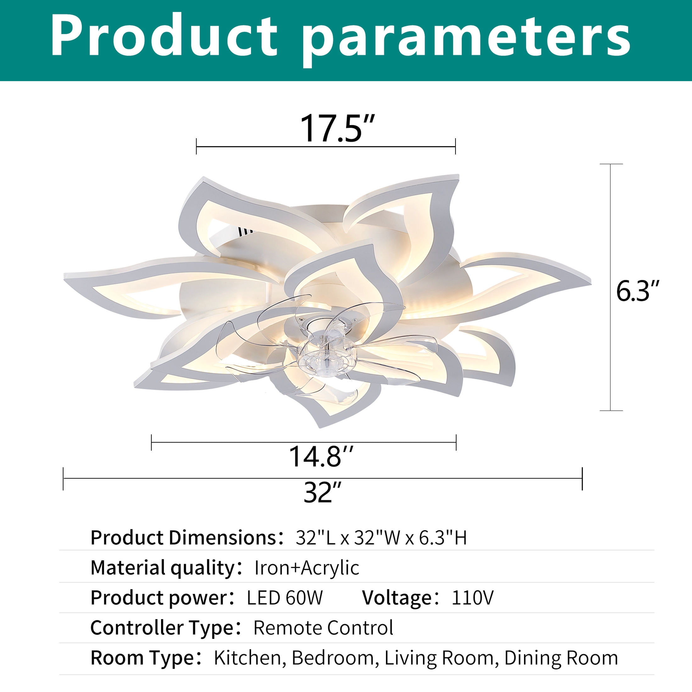 GDF Studio 10-Head Flower Modern Ceiling Fan with LED Lights & Remote Control, Low Profile Flush Mount Fandelier, White