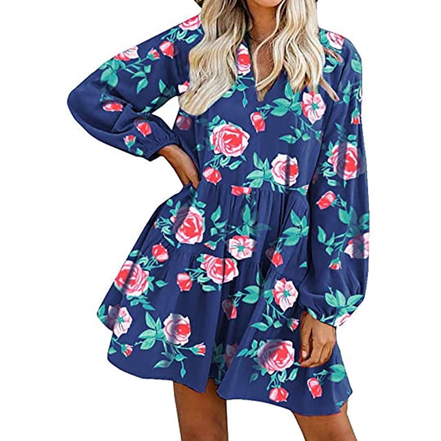 FcBaudy Robe Longue à Manches Longues Col en V, Robes d'Été pour Femmes, Robes Décontractées d'Été pour Femmes Robe Longue à Manches Longues Imprimé Floral Col en V Robe pour Femmes