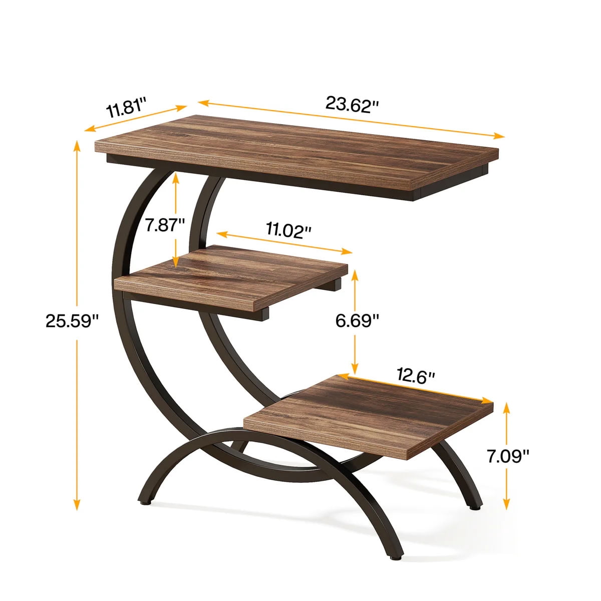 MAYEERTY 3-Tier C-Shaped End Table, Industrial Side Table with Wood Top and Metal Frame, Space-Saving Sofa for Living Room, Bedroom