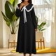 thumbnail image 1 of TaTaai 3/4 Sleeve Doll Collar Skirt, Women's Solid Color Bow Pleated Nightgown, Below Calf Length, Ideal for Home Daily Casual Outfits Gift, 1 of 6