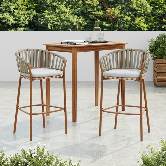 Christopher Knight Home Bohemian Rattan Outdoor Barstools with Fan-Shaped Backrest, Beige Cushions, Set of 2