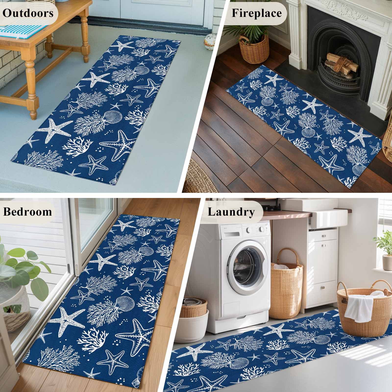 Navy Blue Coastal 2'x6' Runner Rugs for Hallway Kitchen Bedside Non Slip Washable, Nautical Beach Starfish Coral Summer Entryway Rug Runners with Rubber Backing, Long Carpet Runner for Laundry Room