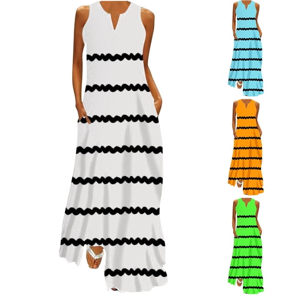 Antinious Women Sleeveless V-Neck Sequin Print Pocket Casual Long Dress
